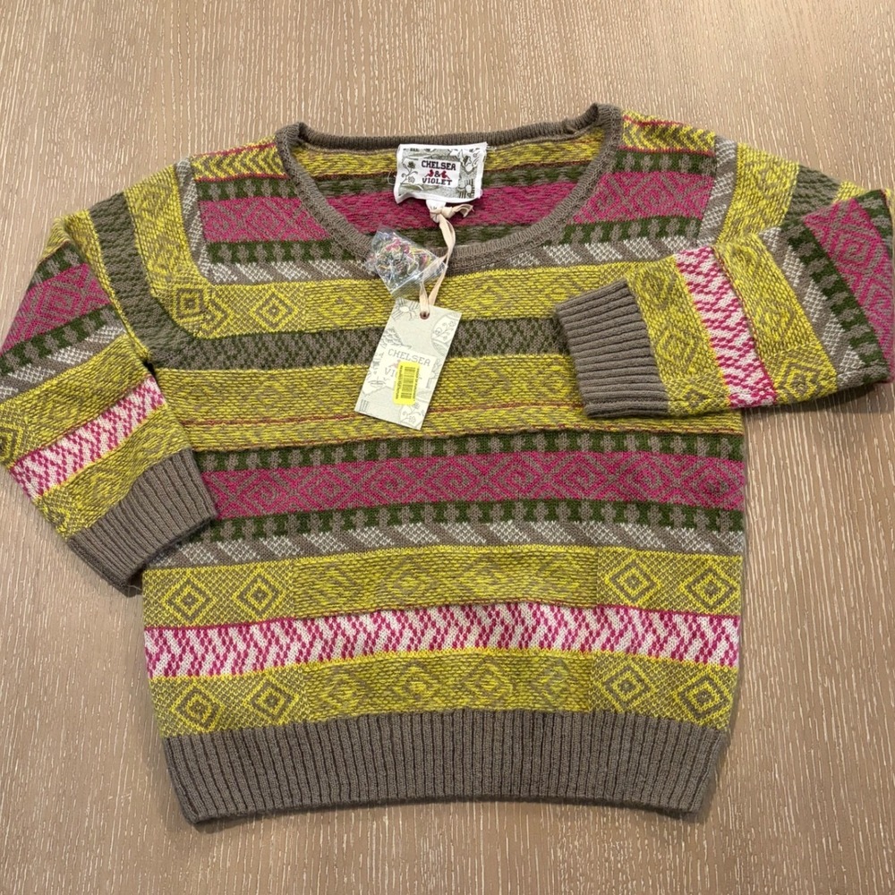 Chelsea & Violet Fair Isle Knit Sweater Green Pink Geometric Crew Neck Medium